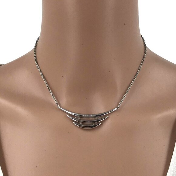 Trifari Necklace Silver Tone Triple Bar Bib Style Signed - Picture 2 of 4